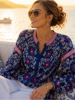 Alexis Pauline Blue Embroidered Floral Boho Blouse | Luxury Resort Top